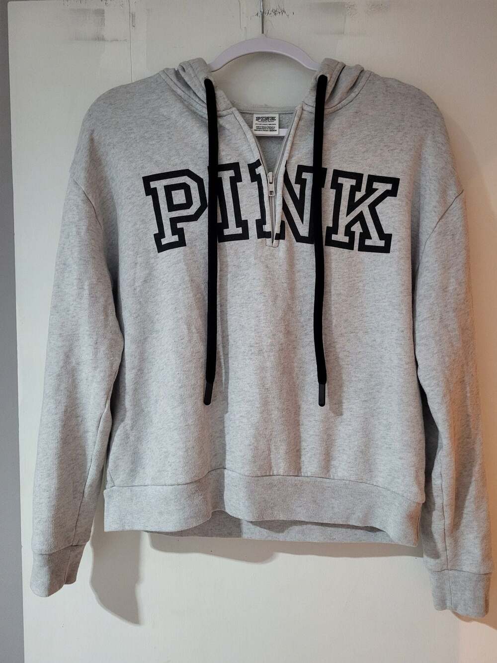 Victoria's Secret PINK Gray Heather Quarter-Zip Graphic Pullover Hoodie XS